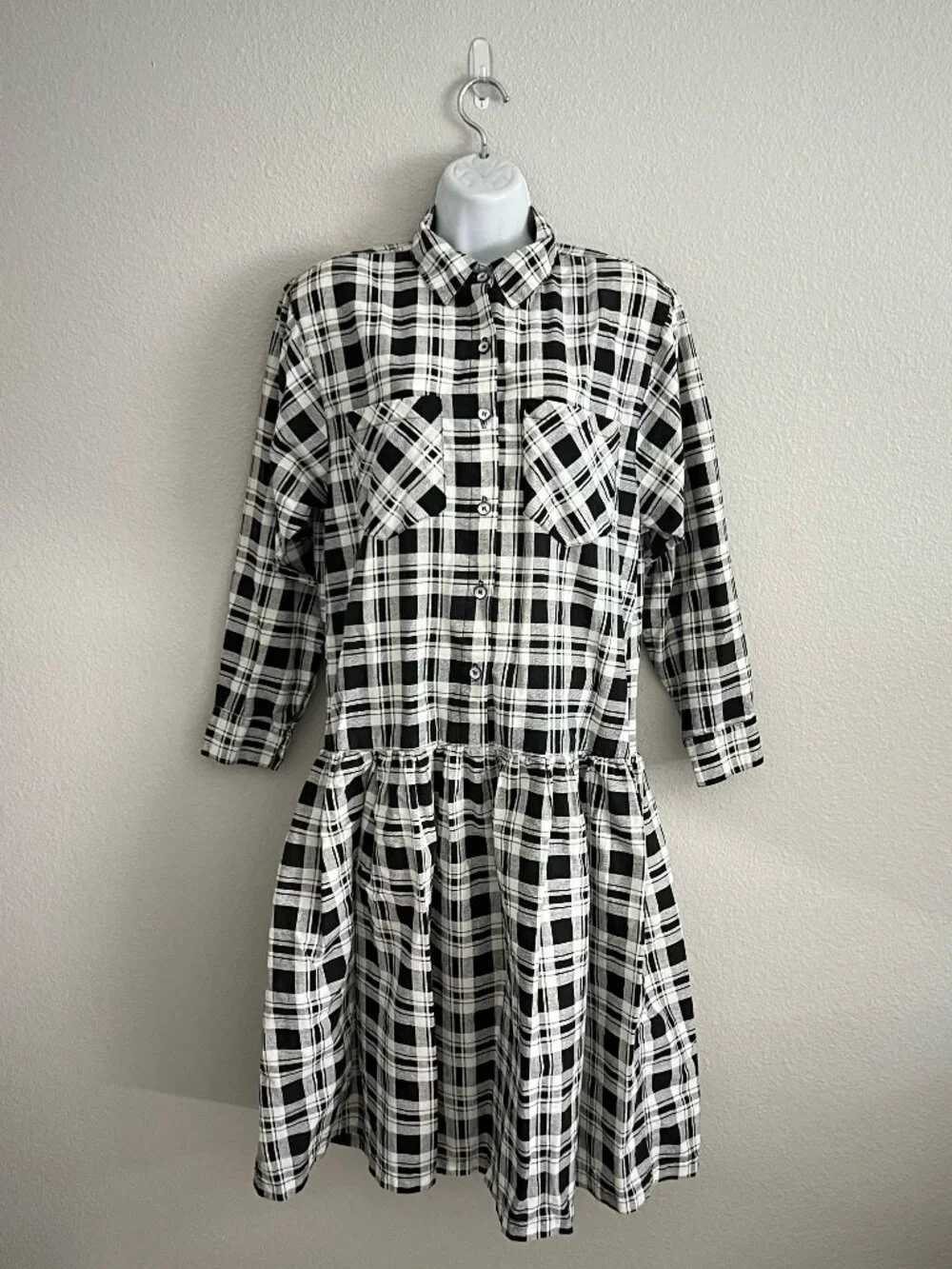 80s Cotton Plaid Long Sleeve Drop Waist Midi Dress Apostrophe Collared Size S